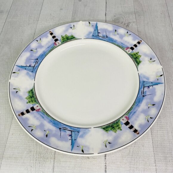 Thomson Pottery LIGHTHOUSE Birds Boats Coastal Stoneware Dinner Plates Set of 4 - Picture 2 of 16